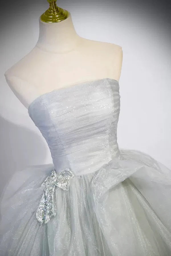 Gray Strapless Long Formal Dress Gray Tulle Evening Dress Party Dress