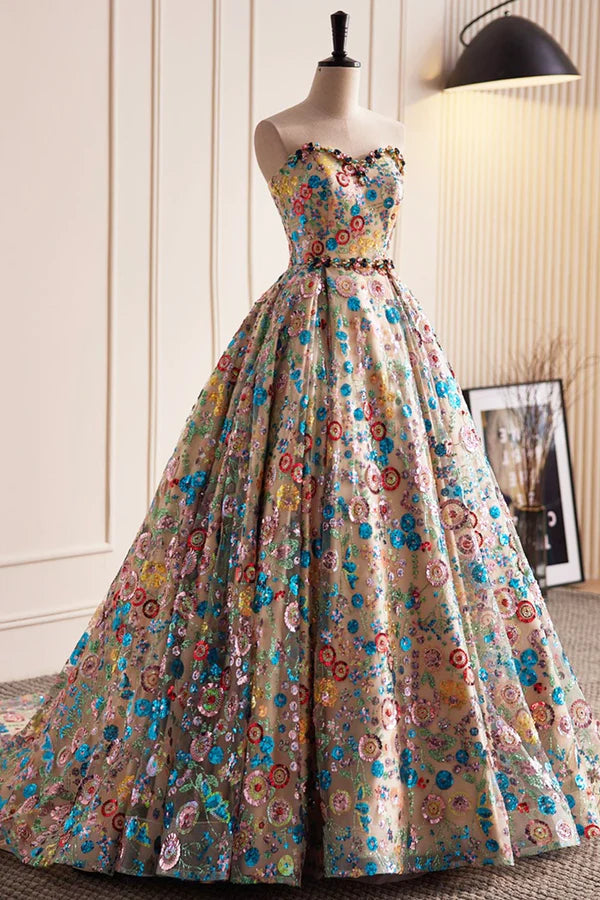 Lovely Sweetheart Floral Sequin Long Prom Dress A-Line Strapless Evening Dress