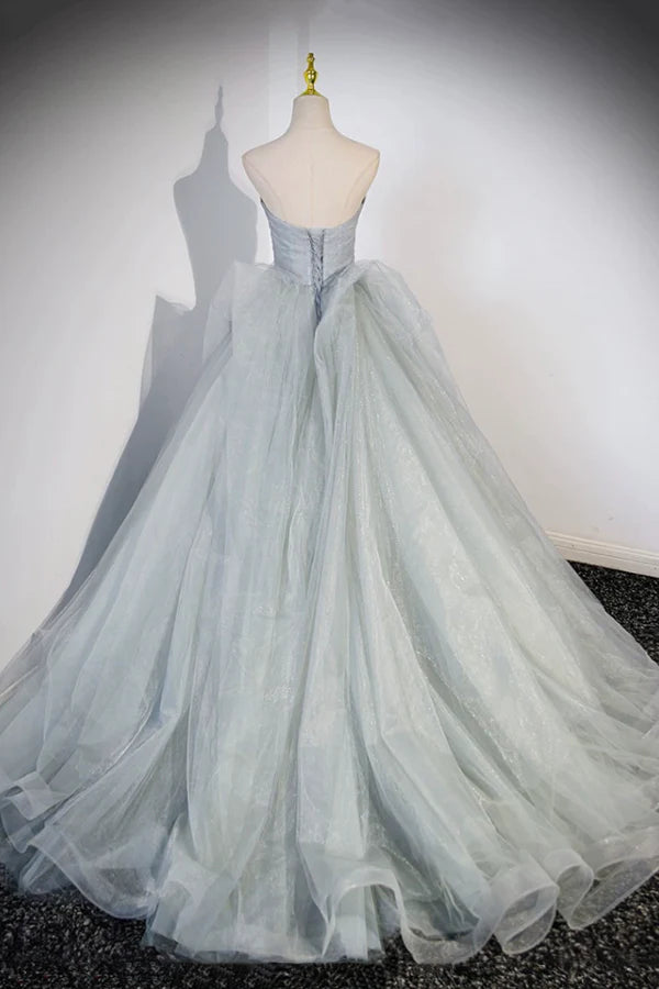 Gray Strapless Long Formal Dress Gray Tulle Evening Dress Party Dress