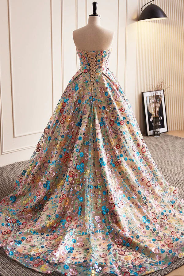 Lovely Sweetheart Floral Sequin Long Prom Dress A-Line Strapless Evening Dress