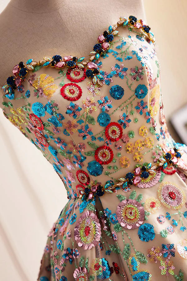 Lovely Sweetheart Floral Sequin Long Prom Dress A-Line Strapless Evening Dress