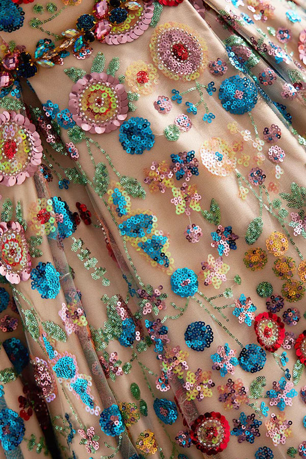 Lovely Sweetheart Floral Sequin Long Prom Dress A-Line Strapless Evening Dress