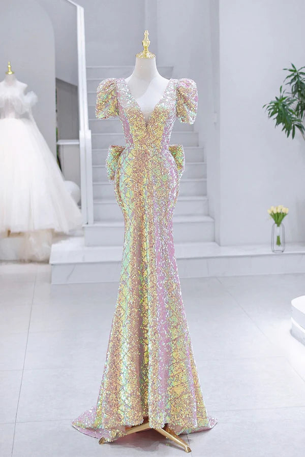Mermaid Sequins Long Prom Dress V-Neck Short Sleeve Evening Dress