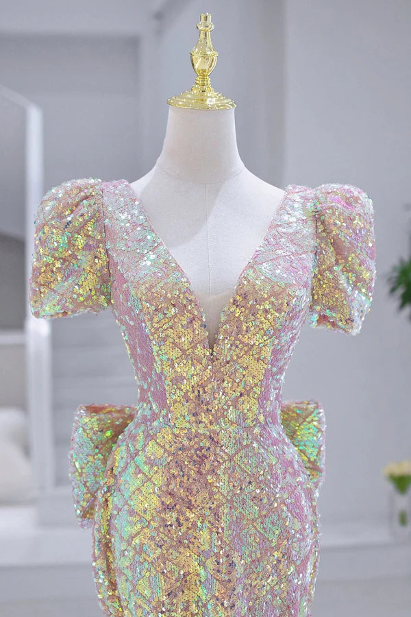Mermaid Sequins Long Prom Dress V-Neck Short Sleeve Evening Dress