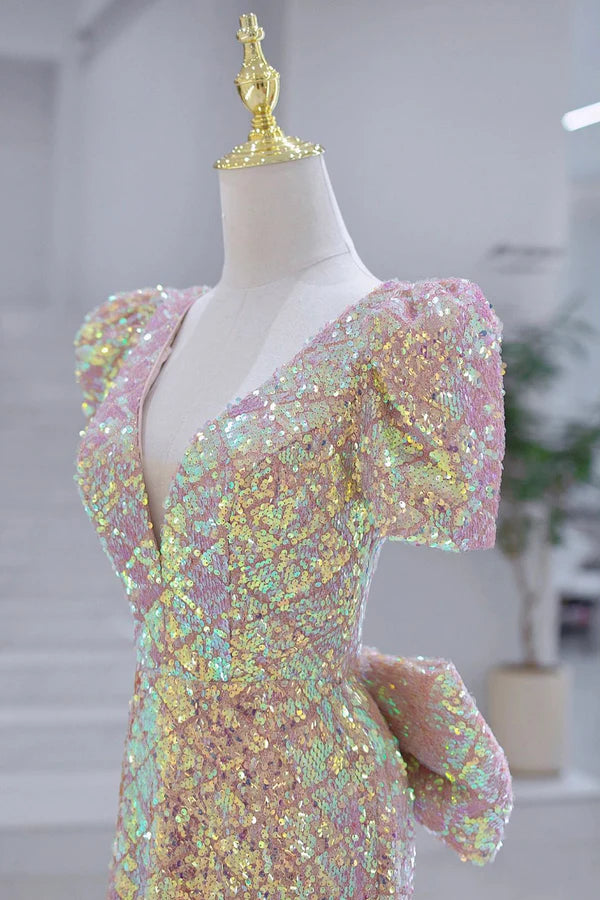 Mermaid Sequins Long Prom Dress V-Neck Short Sleeve Evening Dress