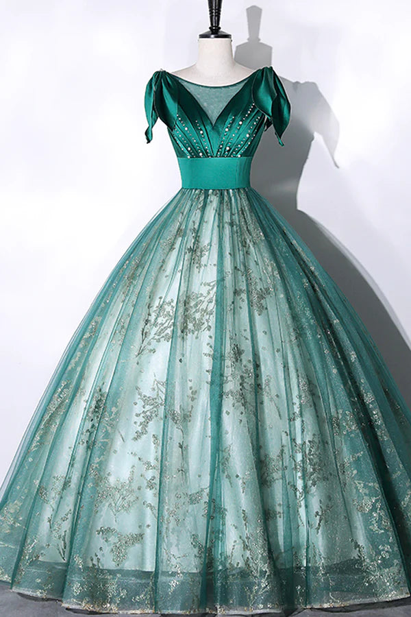 Green Satin Tulle Long Prom Dress Elegant A-Line Formal Dress