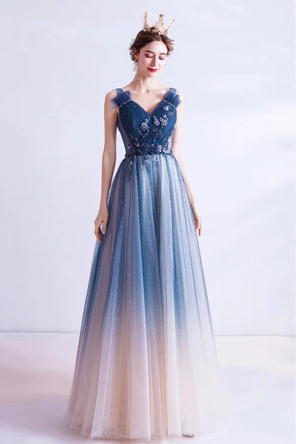 Blue V Neck Gradient Tulle Formal Dress with Beaded Long A-Line Prom Dress
