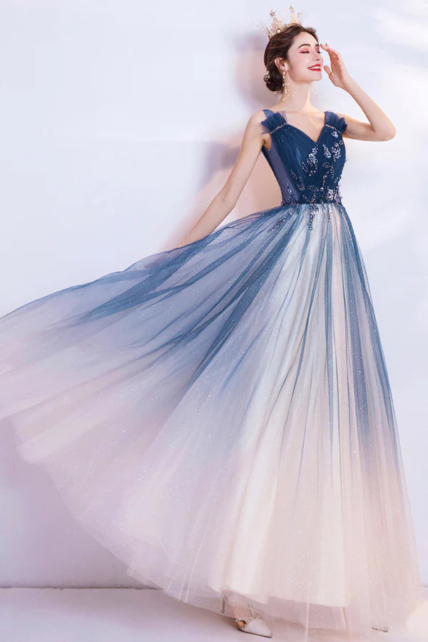 Blue V Neck Gradient Tulle Formal Dress with Beaded Long A-Line Prom Dress