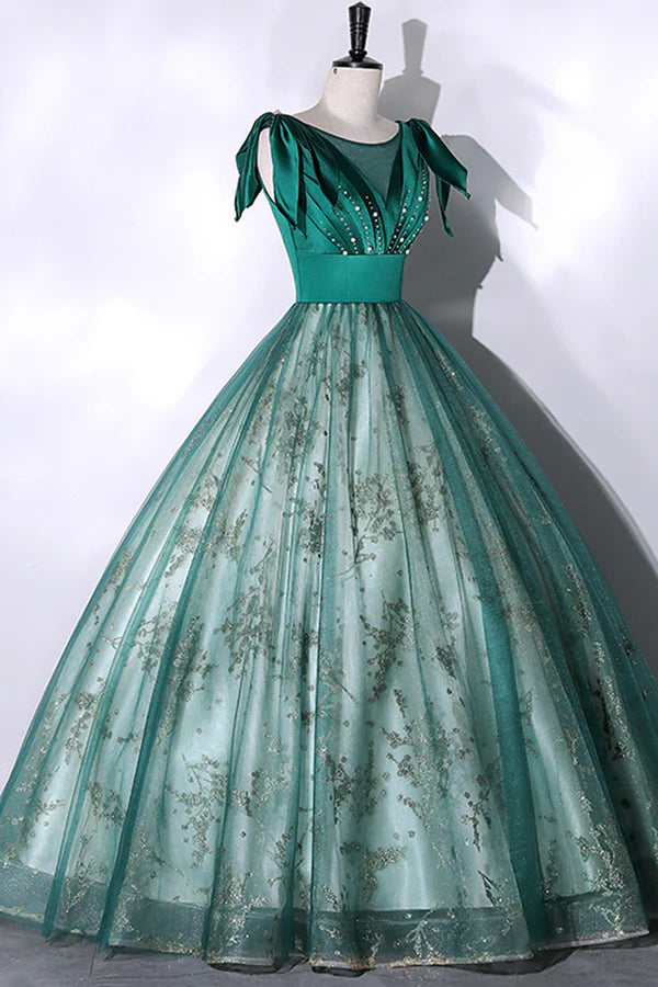 Green Satin Tulle Long Prom Dress Elegant A-Line Formal Dress