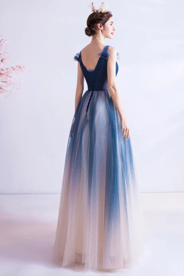 Blue V Neck Gradient Tulle Formal Dress with Beaded Long A-Line Prom Dress