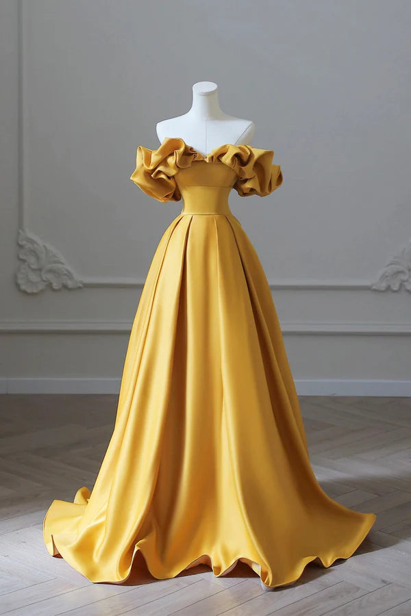 Yellow Satin Long Prom Dress Simple Off Shoulder Evening Party Dress