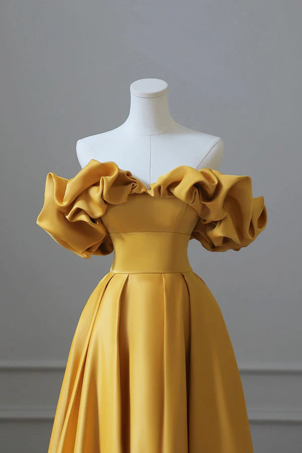 Yellow Satin Long Prom Dress Simple Off Shoulder Evening Party Dress