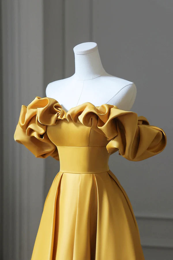 Yellow Satin Long Prom Dress Simple Off Shoulder Evening Party Dress