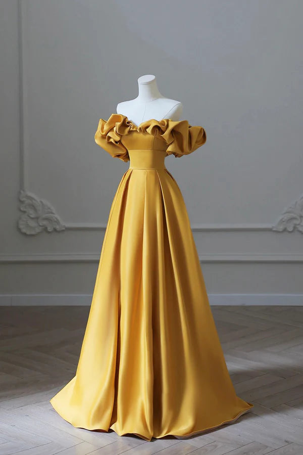 Yellow Satin Long Prom Dress Simple Off Shoulder Evening Party Dress