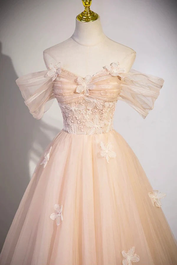 Cute Flowers Tulle Long Formal Dresses Off Shoulder Evening Dresses