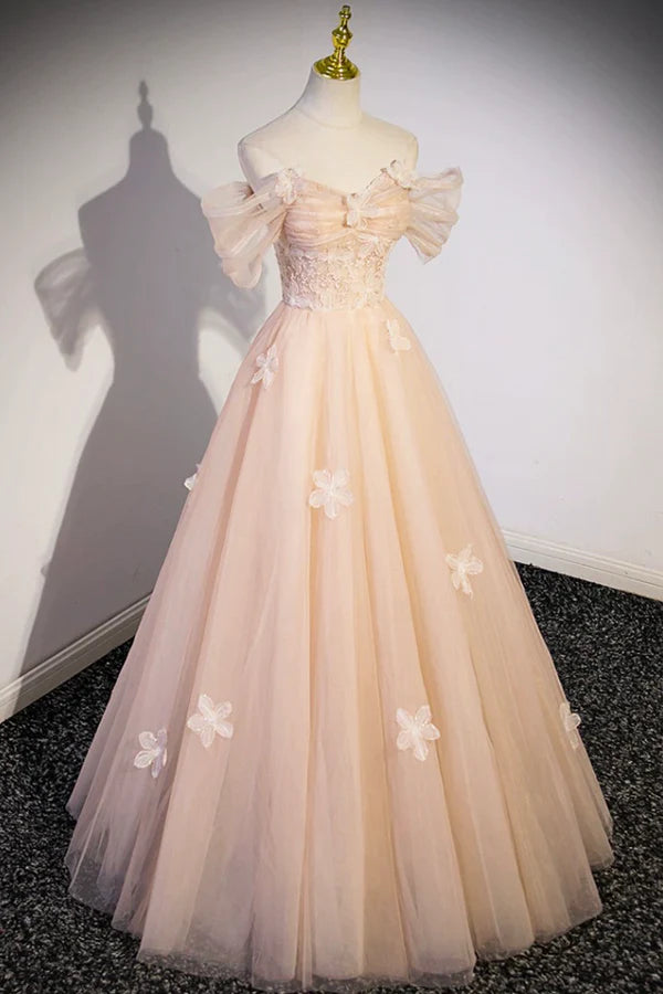 Cute Flowers Tulle Long Formal Dresses Off Shoulder Evening Dresses