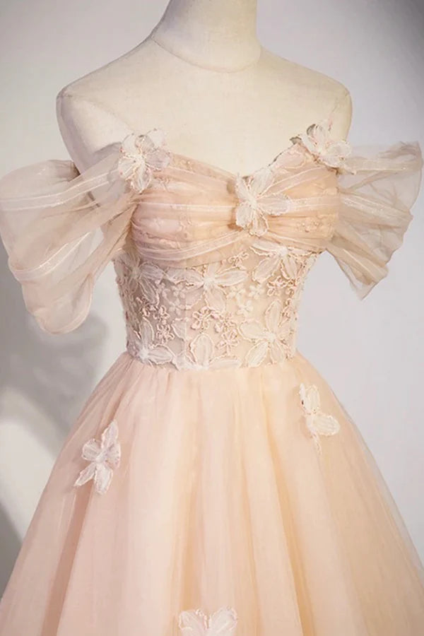 Cute Flowers Tulle Long Formal Dresses Off Shoulder Evening Dresses
