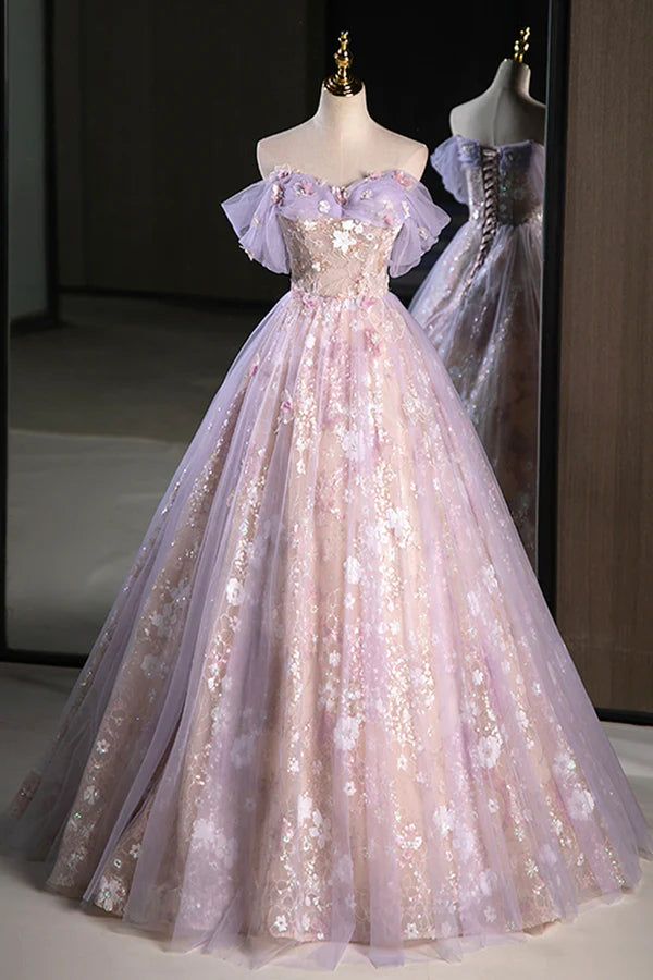Lovely A-Line Off the Shoulder Sequins Prom Dress Purple Tulle Corset Floor Length Evening Dress