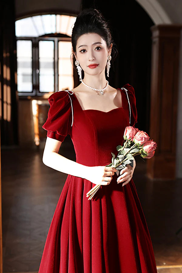 Burgundy Velvet Long A-Line Prom Dress A-Line Short Sleeve Evening Party Dress