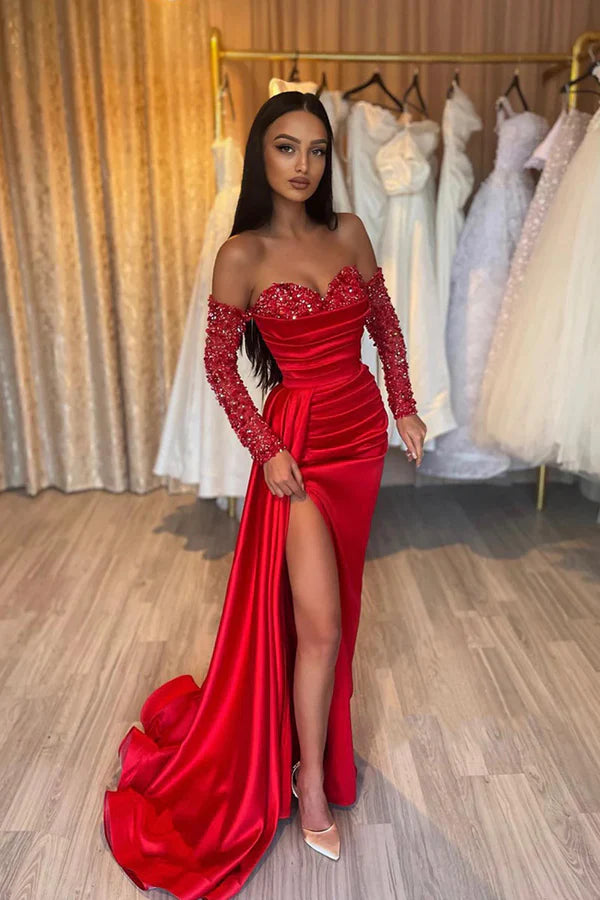 Red Sweetheart Satin Sequins Prom Dress Red Long Sleeve Evening Party Dress