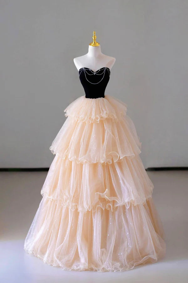 Champagne Sweetheart Tulle Layers Long Party Dress Strapless A-Line Prom Dress