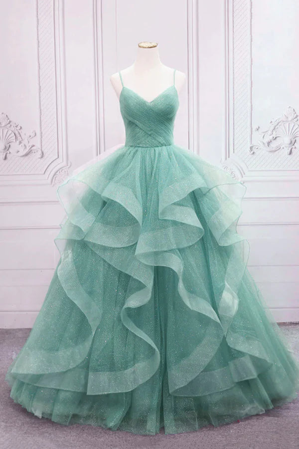 Green Spaghetti Strap Long Prom Dress Green V-Neck Tulle Evening Dress