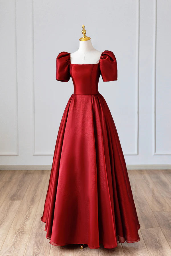 Burgundy Satin Long Prom Dress Simple A-Line Short Sleeve Evening Dress