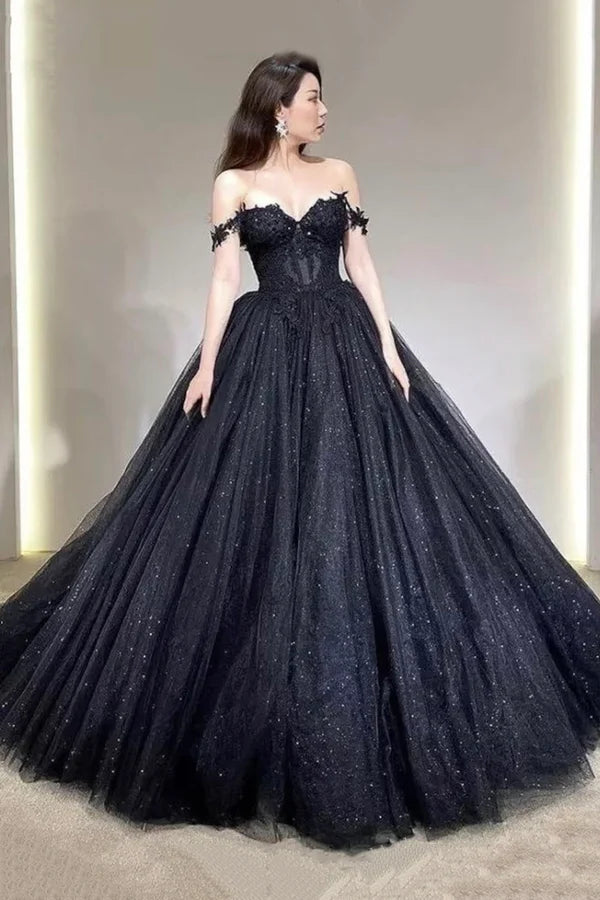 Black Off the Shoulder Tulle Lace Princess Dress Shiny Tulle Floor Length Evening Party Dress