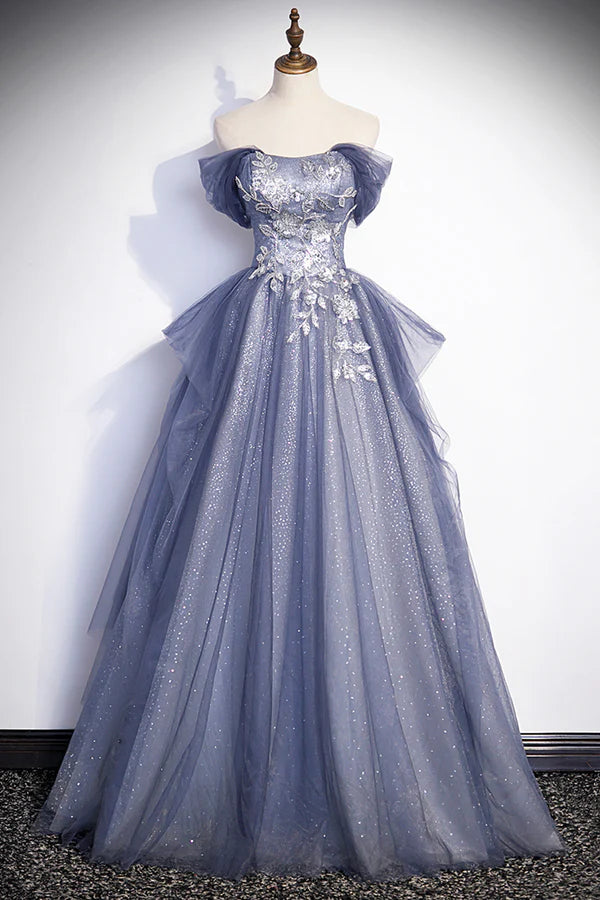 Dusty Blue Off the Shoulder Lace Long Prom Dress A-Line Shiny Tulle Evening Dress