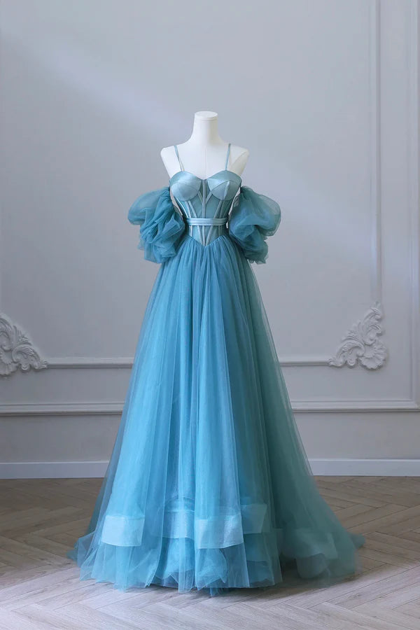 Blue Tulle Long Spaghetti Strap Prom Dress and Corset Detachable off Shoulder Party Dress