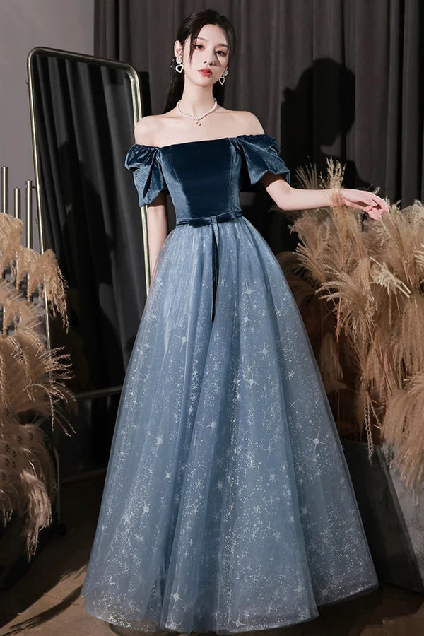 Blue Velvet Tulle Long Prom Dress Beautiful Short Sleeve Evening Dress