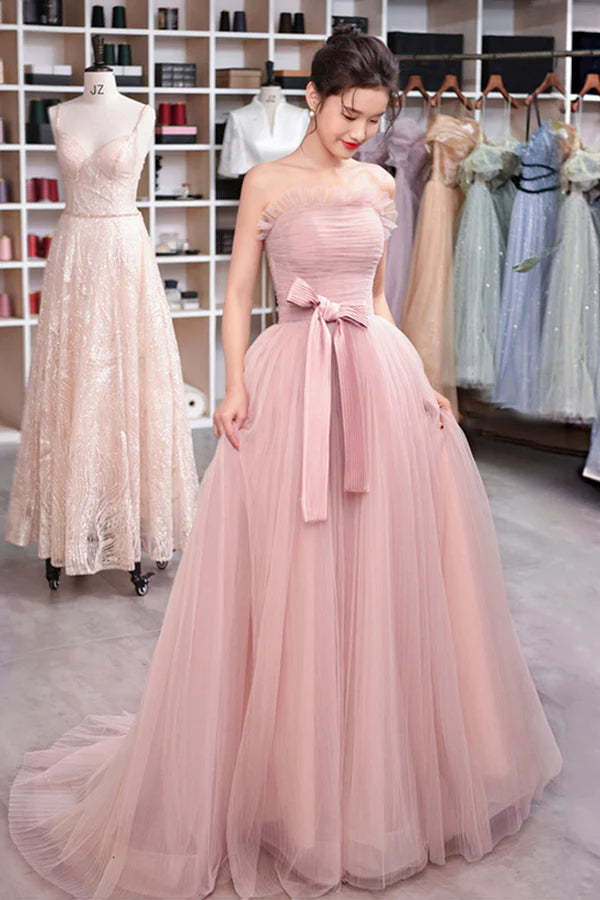 Pink Strapless Tulle Long Prom Dress Beautiful Sweetheart Evening Dress