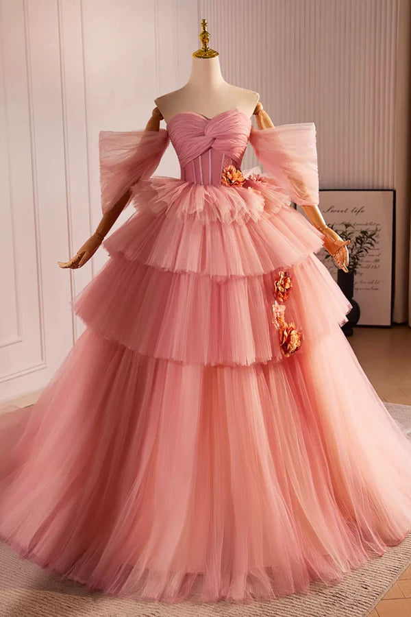 Pink Off the Shoulder Long A-Line Ball Gown Beautiful Tulle Layers Sweet 16 Dress