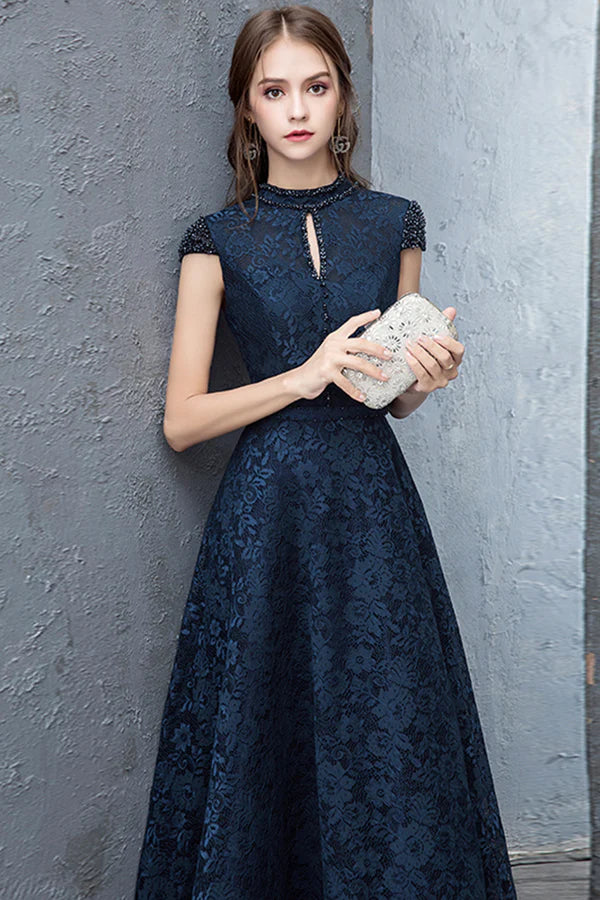 Beautiful Navy Blue Evening Dresses Blue Lace Floor Length Prom Dresses