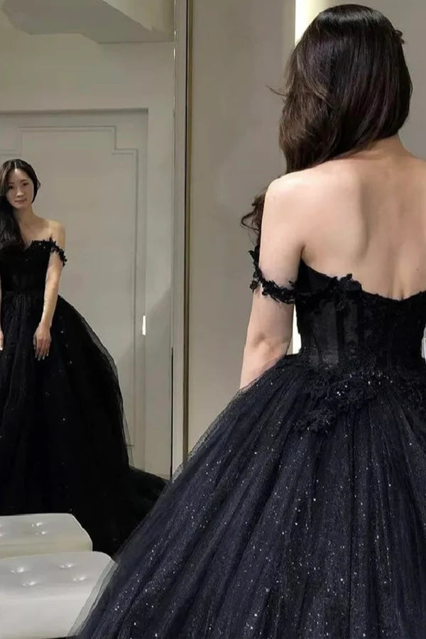 Black Off the Shoulder Tulle Lace Princess Dress Shiny Tulle Floor Length Evening Party Dress