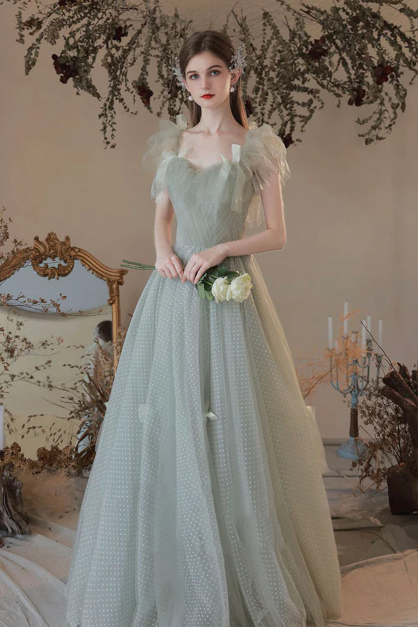 Light Green Tulle Long A-Line Prom Dress Off the Shoulder Evening Party Dress