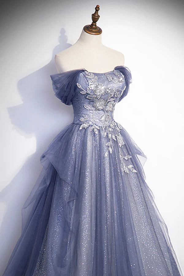 Dusty Blue Off the Shoulder Lace Long Prom Dress A-Line Shiny Tulle Evening Dress