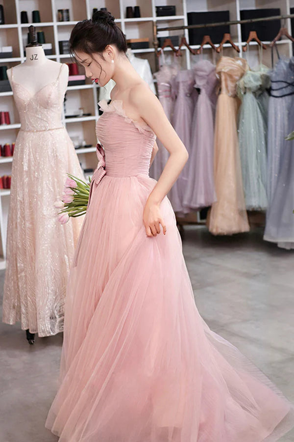 Pink Strapless Tulle Long Prom Dress Beautiful Sweetheart Evening Dress