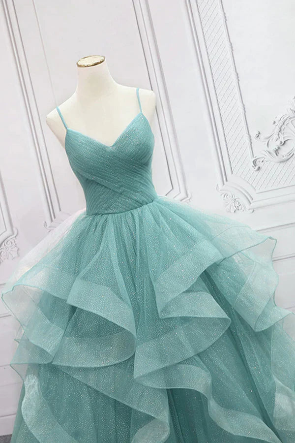Green Spaghetti Strap Long Prom Dress Green V-Neck Tulle Evening Dress