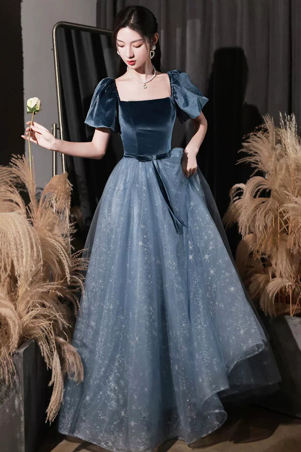 Blue Velvet Tulle Long Prom Dress Beautiful Short Sleeve Evening Dress