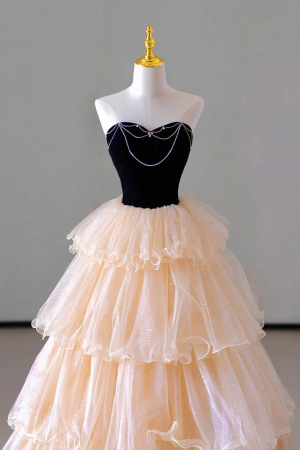 Champagne Sweetheart Tulle Layers Long Party Dress Strapless A-Line Prom Dress
