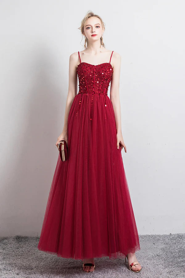 Burgundy Spaghetti Strap Tulle Formal Dress Beautiful Evening Dress with Beaded
