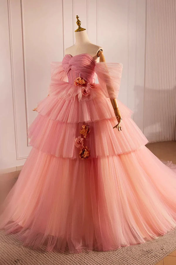 Pink Off the Shoulder Long A-Line Ball Gown Beautiful Tulle Layers Sweet 16 Dress