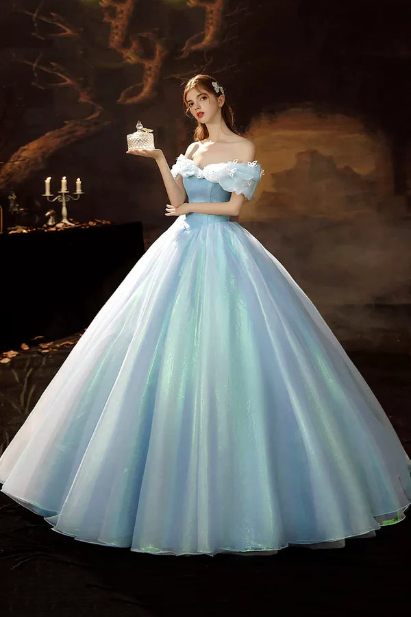 Blue Tulle Long Princess Dress A-Line Off the Shoulder Evening Party Dress
