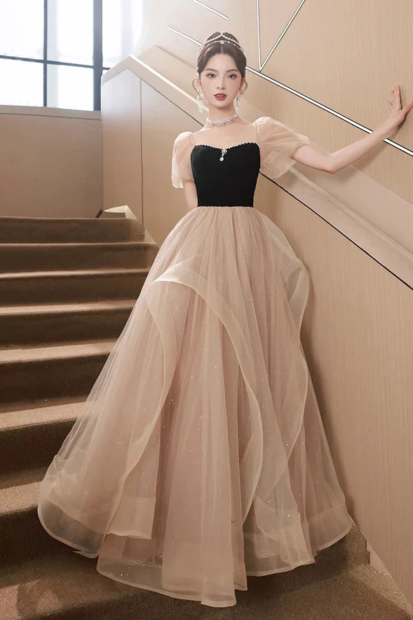 Cute Velvet Tulle Long Prom Dress Beautiful Short Sleeve Evening Dress