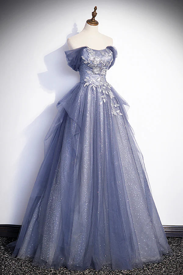 Dusty Blue Off the Shoulder Lace Long Prom Dress A-Line Shiny Tulle Evening Dress