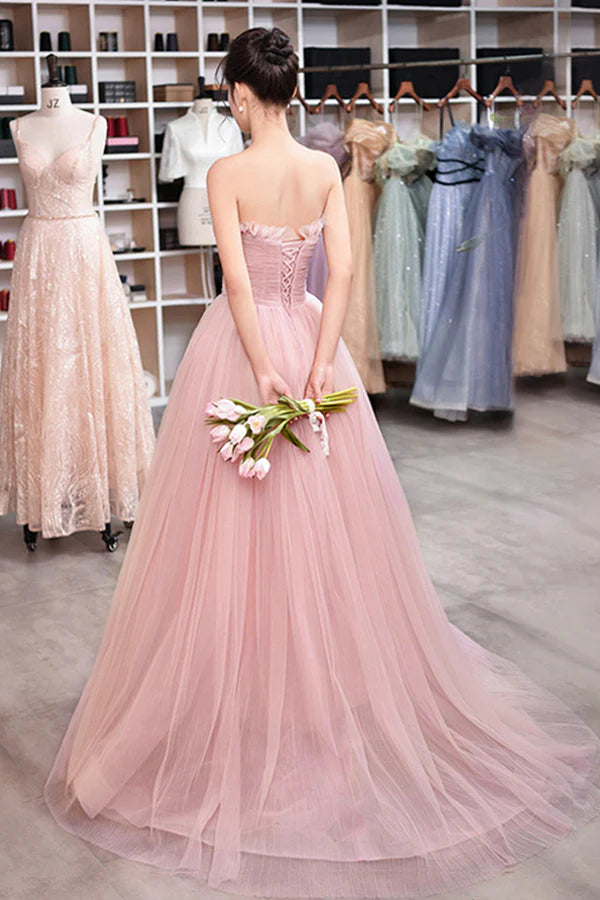 Pink Strapless Tulle Long Prom Dress Beautiful Sweetheart Evening Dress