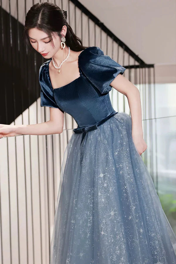 Blue Velvet Tulle Long Prom Dress Beautiful Short Sleeve Evening Dress