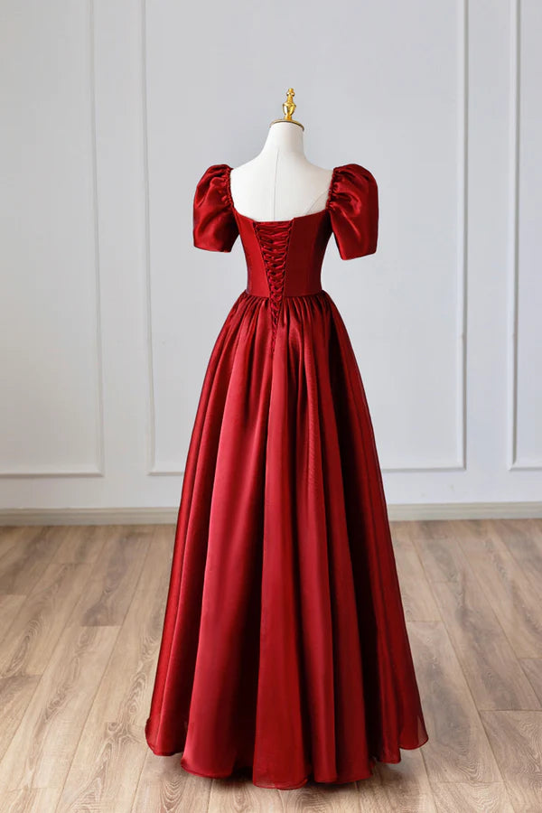 Burgundy Satin Long Prom Dress Simple A-Line Short Sleeve Evening Dress