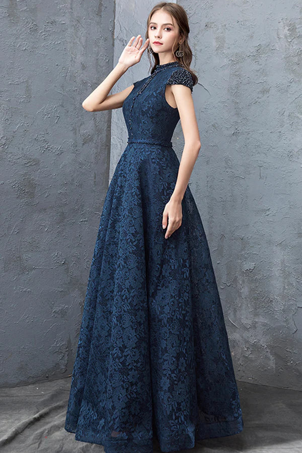 Beautiful Navy Blue Evening Dresses Blue Lace Floor Length Prom Dresses